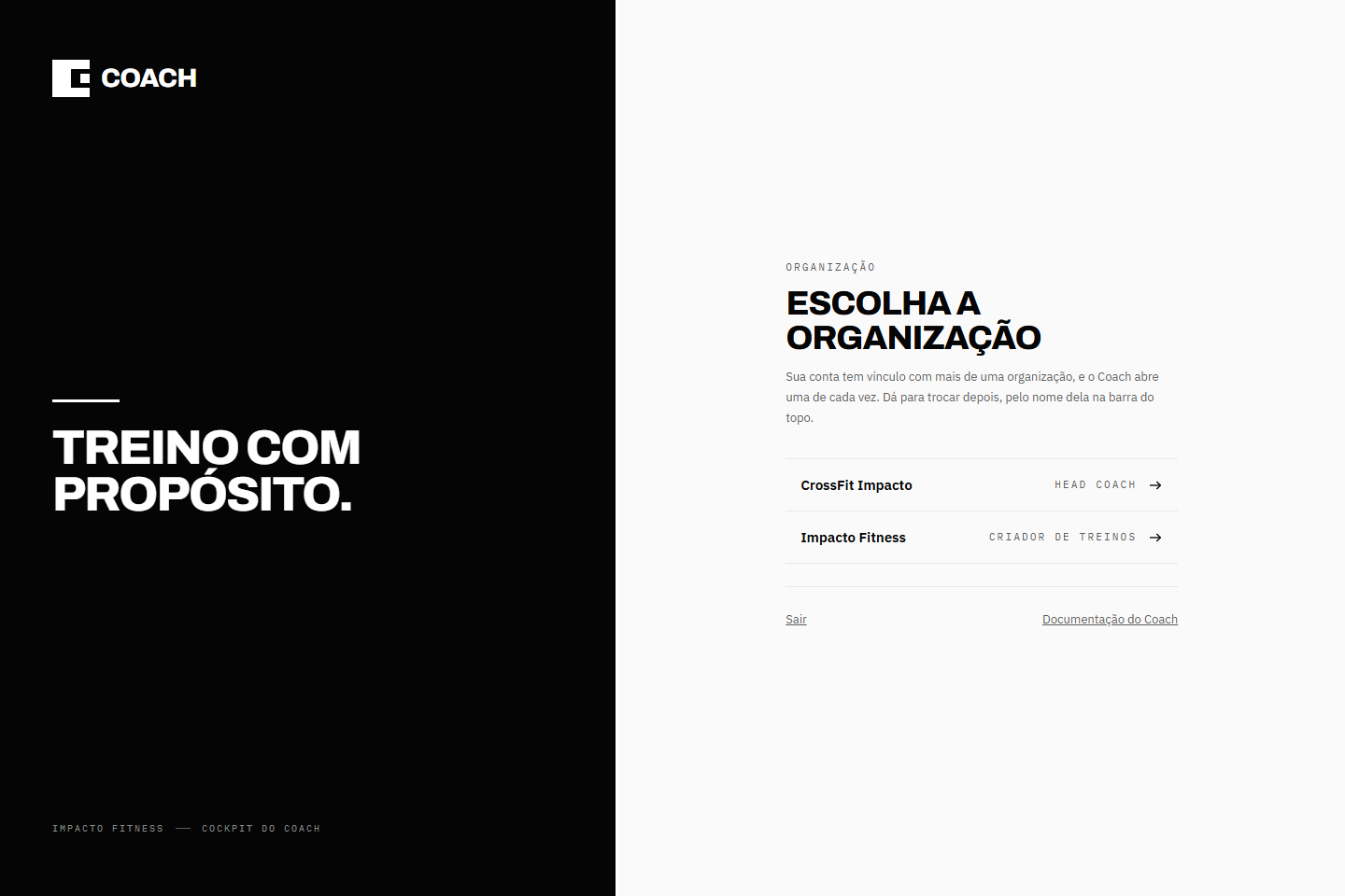 A tela Escolha a organização: CrossFit Impacto, como Head Coach, e Impacto Fitness, como Criador de treinos