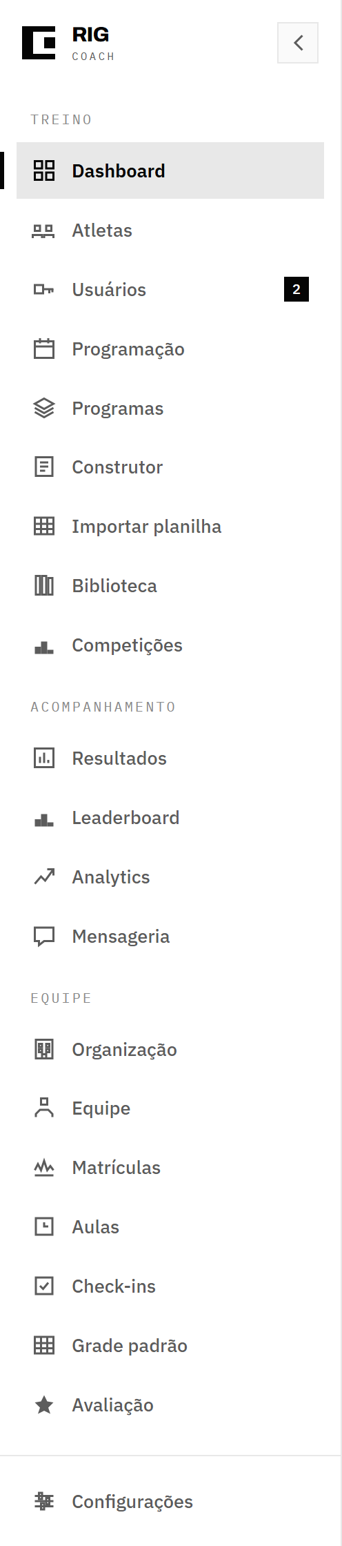 O menu com as três seções — Treino, Acompanhamento e Equipe — e o rodapé com Configurações