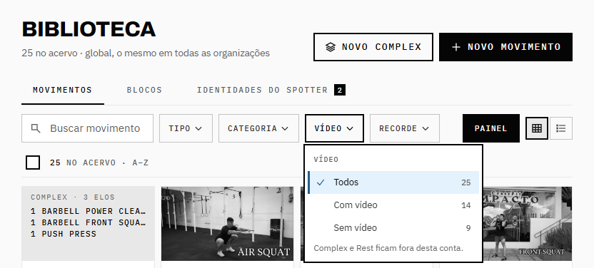 O cabeçalho da Biblioteca, as três abas e a barra com a faceta Vídeo aberta mostrando a contagem de cada opção
