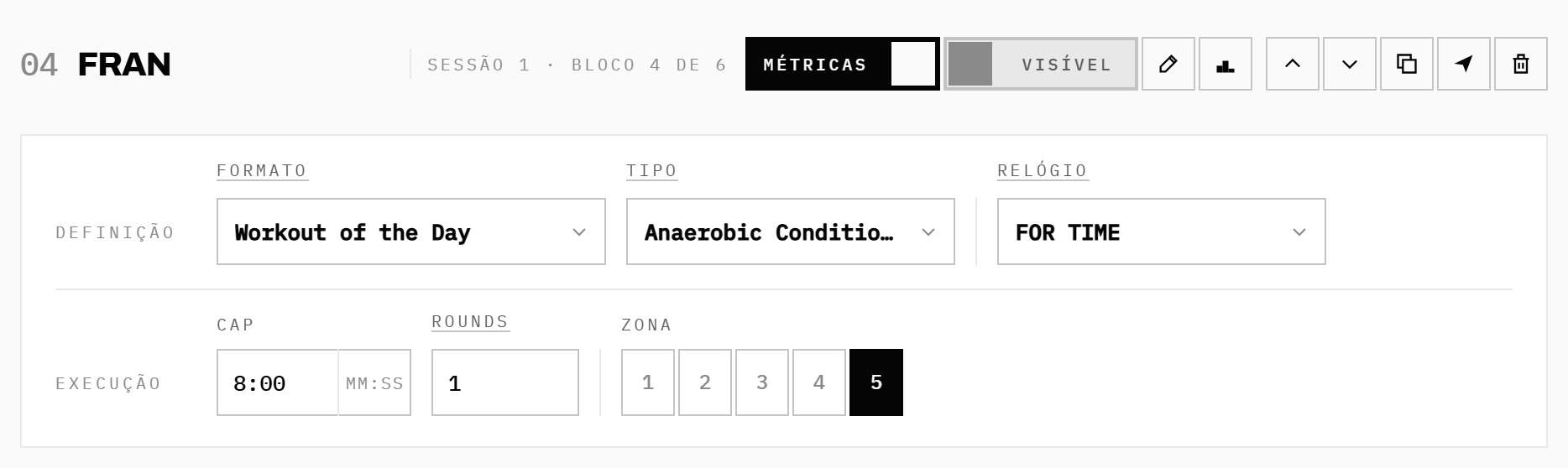 O cabeçalho do bloco Fran e as faixas Definição e Execução