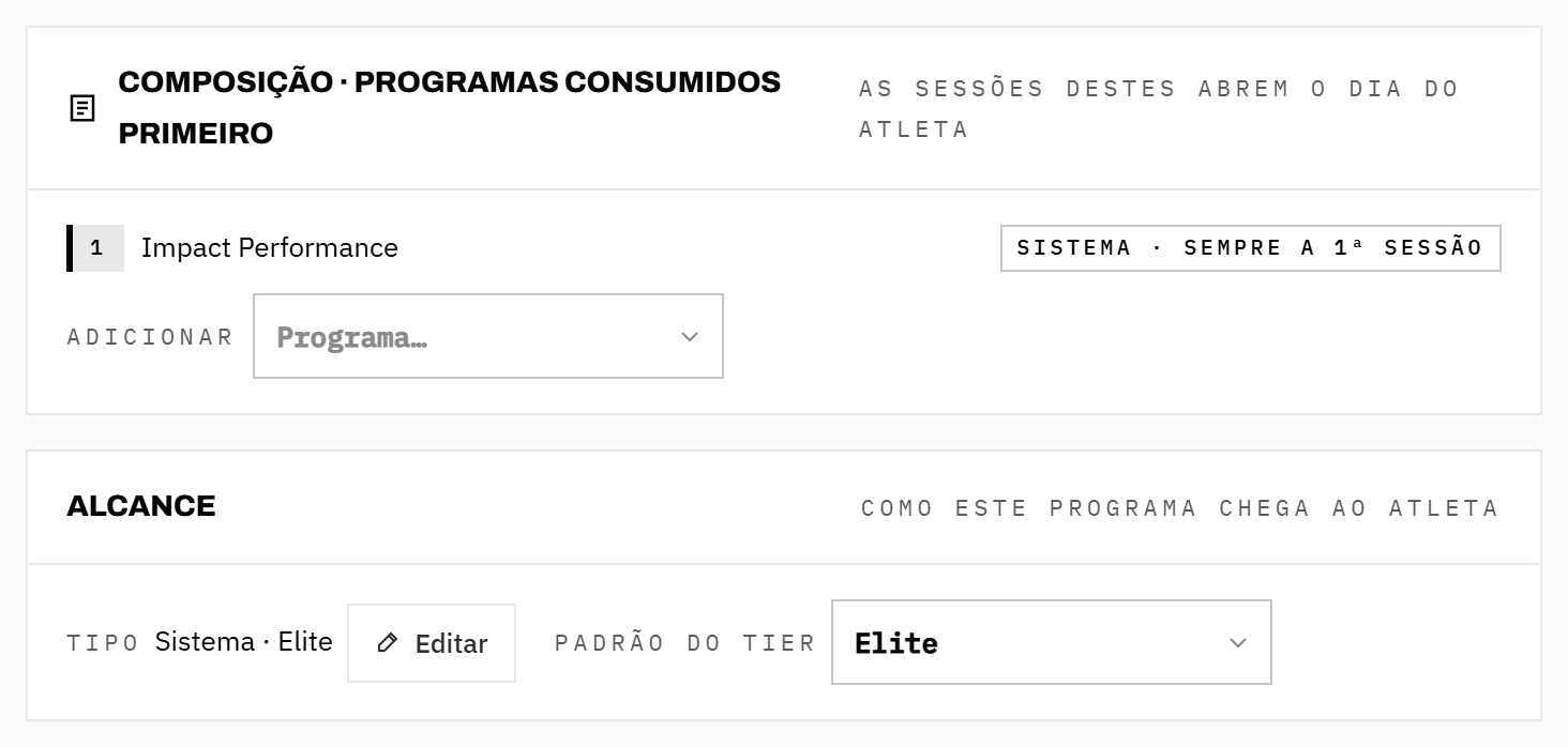 Os cards Composição e Alcance na ficha do Elite Performance, com o Impact Performance como primeira camada e o campo Adicionar