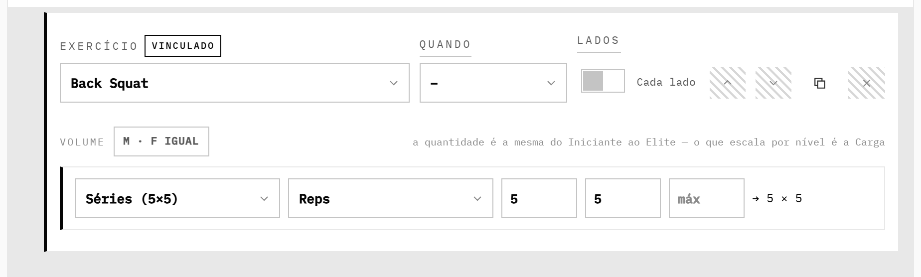 O Volume do Back Squat aberto na linha: Séries, Reps, as quantidades, o campo máx e a leitura → 5 × 5