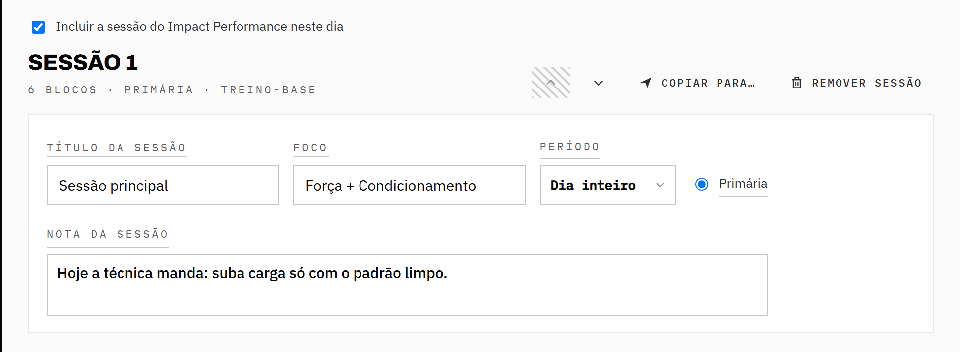 Os campos da sessão no inspetor: título, foco, período, primária e a nota