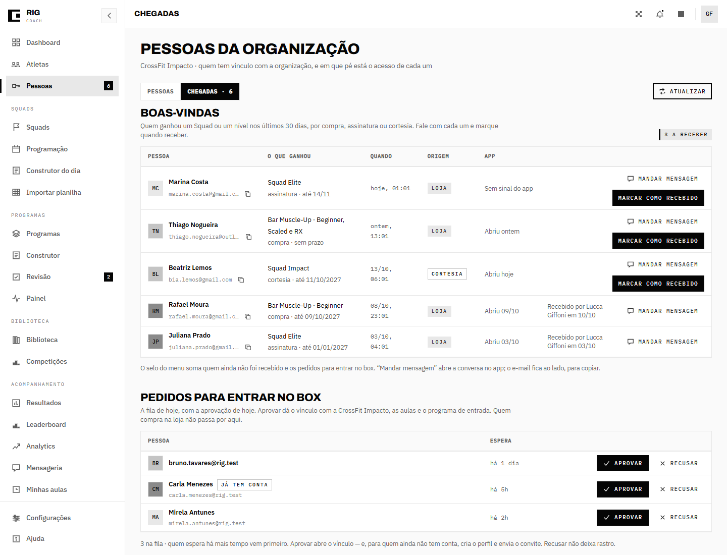 A aba Chegadas: as boas-vindas com três a receber e dois já recebidos, e os pedidos para entrar no box embaixo