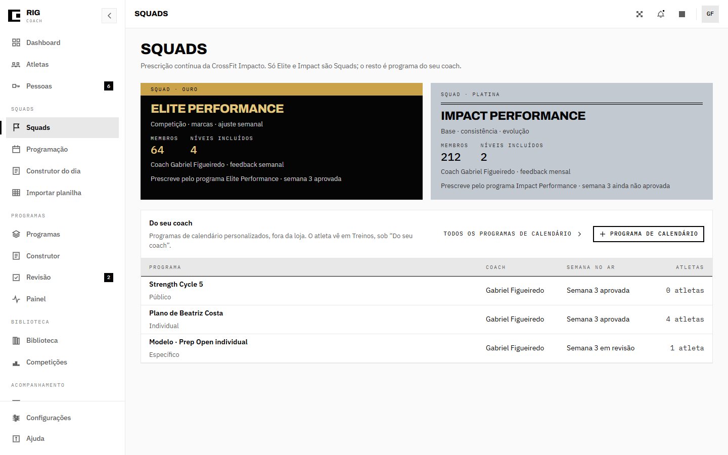 A tela Squads: o Elite em ouro e o Impact em platina, com a seção Do seu coach embaixo
