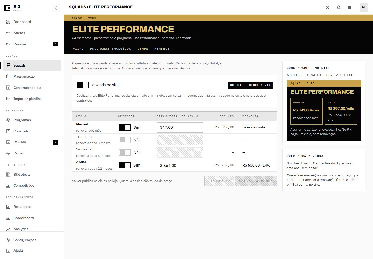 A aba Venda do Elite à venda desde 15/10, com o mensal e o anual ligados e a prévia do site ao lado